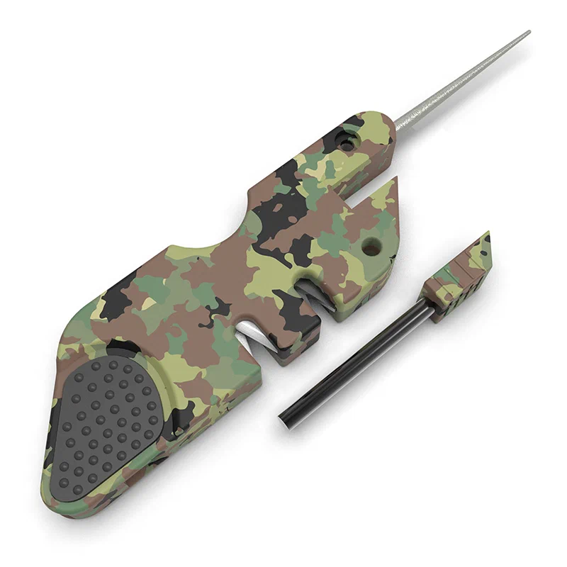 6-in-1 Camo Survival Knife Sharpener with Fire Starter & Whistle