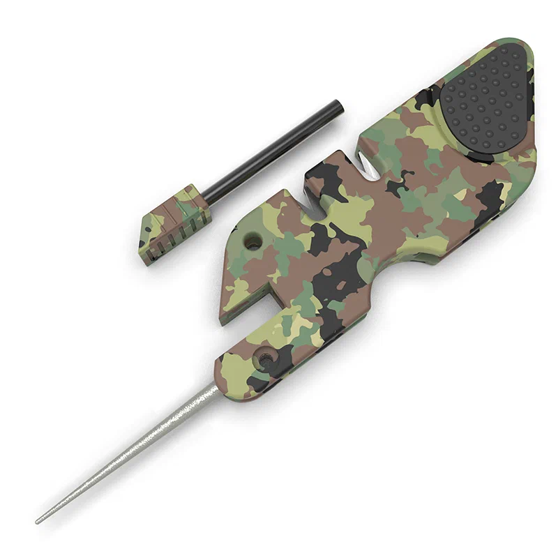 6-in-1 Camo Survival Knife Sharpener with Fire Starter & Whistle